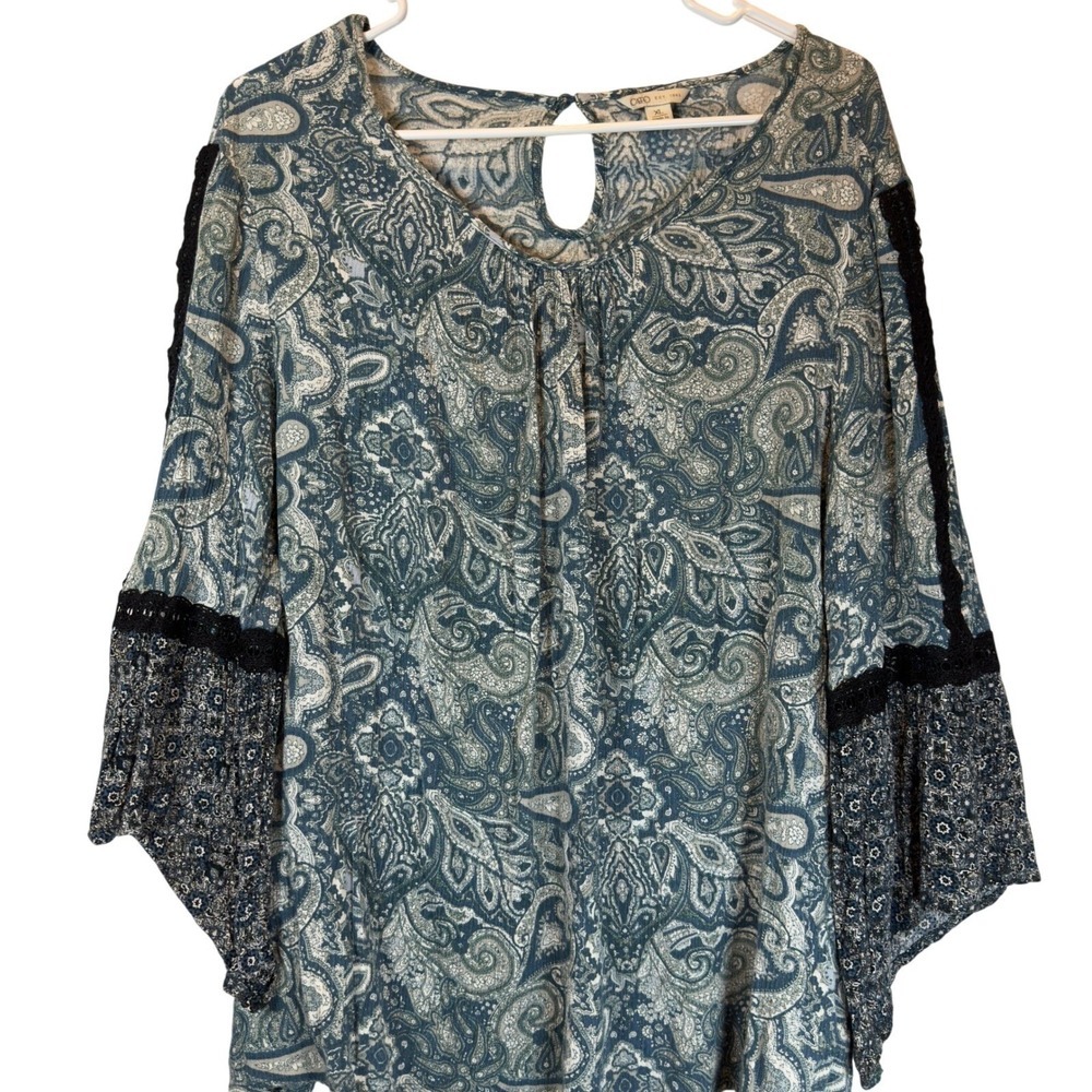 CATO XL Paisley Boho Blouse Blue Teal Lace Inset Flared Sleeve Rayon Top - Picture 2 of 11
